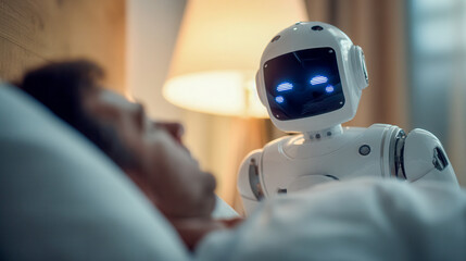 A futuristic humanoid robot with glowing blue face lights attentively watching a sleeping man lying in bed in a cozy warmly lit bedroom setting