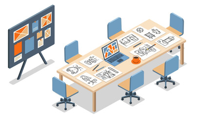 Collaborative design process in modern office setting with blueprint planning