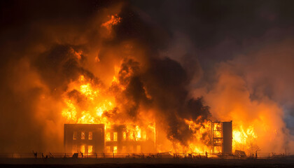 A house engulfed in flames. Suitable for illustrating fire emergencies