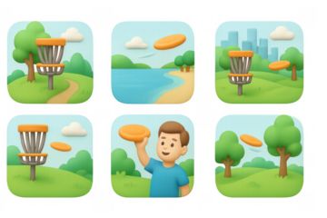 Disc golf icon set featuring outdoor scenes and playful elements for recreational design