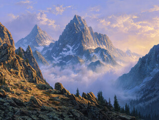 Majestic rugged mountain peaks towering above misty valleys with a glowing sunset sky and rocky terrain dotted with evergreen trees in a serene natural landscape