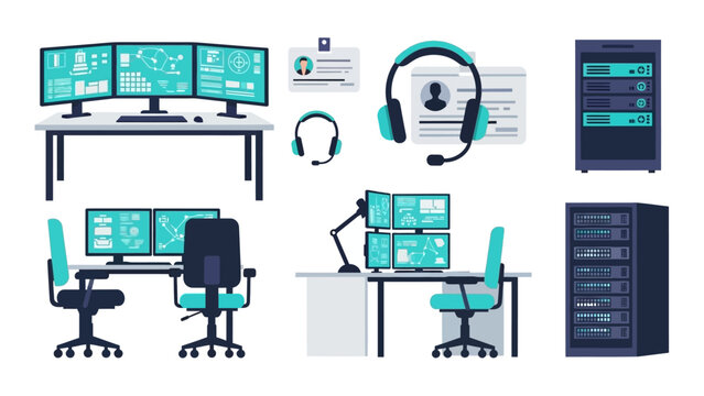 Modern office setup with computer monitors and server equipment in flat design