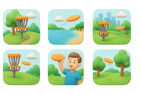 Disc golf icon set featuring outdoor scenes and playful elements for recreational design