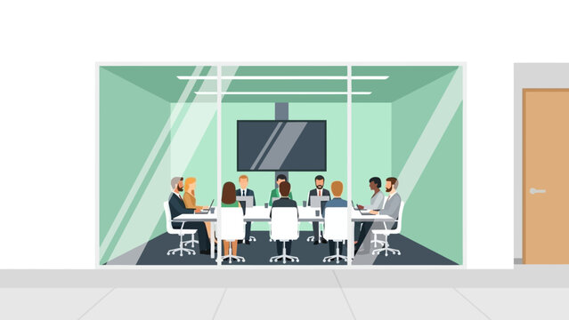 Modern office meeting with diverse professionals in a glass-walled conference room