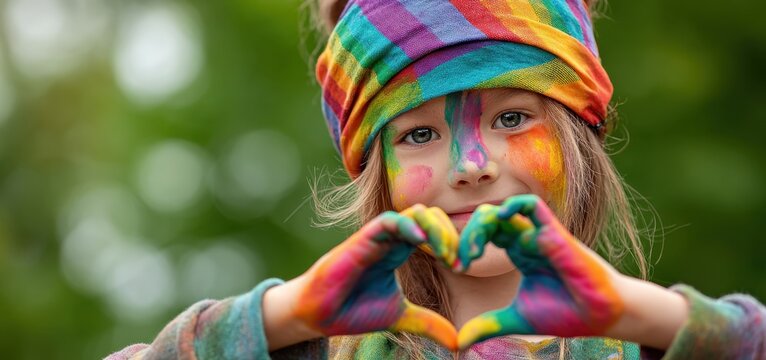 A smiling child wearing a rainbow headscarf forms a heart shape with rainbow-painted hands. Ideal for videos about diversity, kindness, creativity, education, campaigns, and positive social messages.