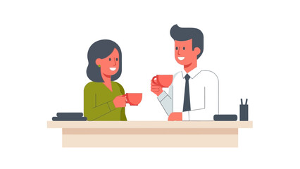 Flat style business meeting with diverse colleagues sharing coffee at office desk