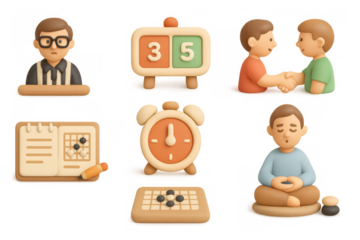 Zen game tournament icons featuring meditation, board games, and sportsmanship elements for creative design