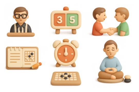 Zen game tournament icons featuring meditation, board games, and sportsmanship elements for creative design