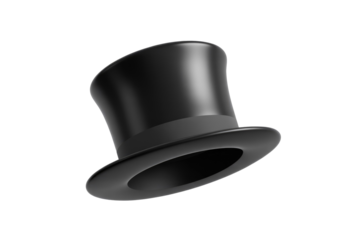 A sleek, black top hat with a subtle ribbon, elegantly tilted, offering a classic and sophisticated look against a solid background. background removed