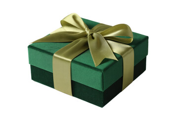 Obraz premium A luxurious dark green velvet gift box tied with a shiny gold ribbon and bow, perfect for a special occasion or holiday gifting. background removed