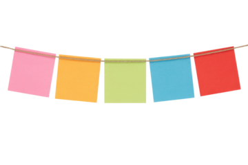 Five colorful blank sticky notes (pink, orange, green, blue, red) are strung on a twine, ready for messages. background removed