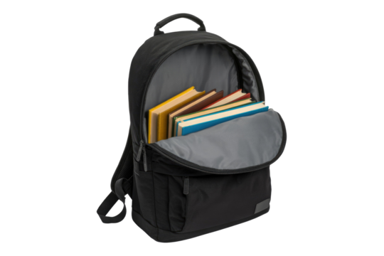 An open black backpack showcases a colorful stack of books inside. Ideal for school, university, or daily educational pursuits. background removed