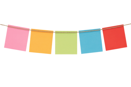 Five colorful blank sticky notes (pink, orange, green, blue, red) are strung on a twine, ready for messages. background removed