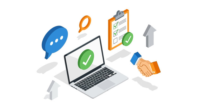 Isometric business concept with laptop, checklist, and handshake icons