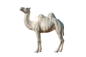 A stunning white, two-humped camel art piece with elegant golden accents and a radiant sunburst, presented on a minimalist background. background removed