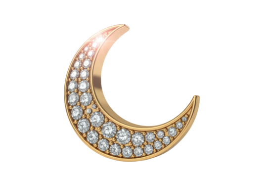 A luxurious golden crescent moon adornment, brilliantly studded with numerous sparkling diamonds, creating an elegant and radiant piece of jewelry. background removed