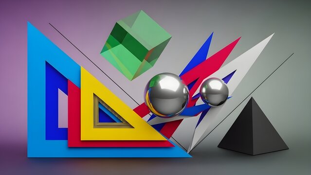Abstract geometric composition with colorful shapes and metallic spheres