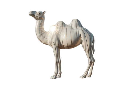 A stunning white, two-humped camel art piece with elegant golden accents and a radiant sunburst, presented on a minimalist background. background removed