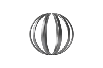 A 3D render of a silver, textured, spherical cage object composed of multiple vertical metallic strips, resembling an open globe. background removed