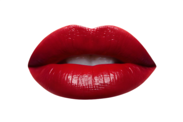 Glossy red lips showing teeth on transparent background isolated on a transparent background