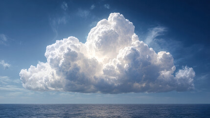 Massive bright cumulus cloud formation glowing under sunlight above calm ocean horizon against clear blue sky background