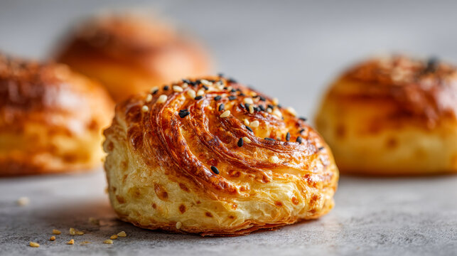 Soft golden brown spiral pastries topped with sesame seeds arranged on a gray surface with a blurred background setting for a fresh bakery presentation