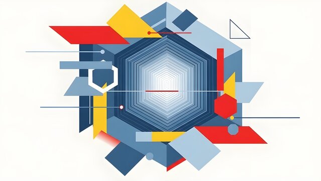 Abstract geometric composition with hexagonal center and colorful shapes