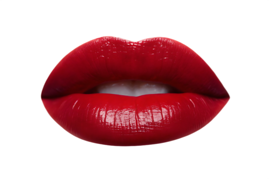 Glossy red lips showing teeth on transparent background isolated on a transparent background