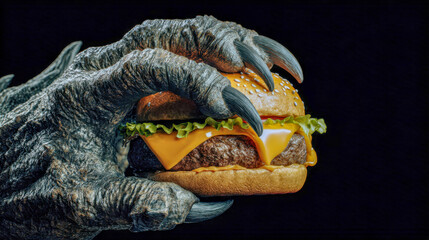 A monstrous claw gripping a cheeseburger with melted cheese and fresh lettuce against a dark background symbolizing hunger and fantasy elements
