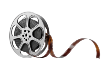 A 3D rendered silver film reel with black film strip unspooling, gracefully curving across a solid background, symbolizing classic cinema and filmmaking. background removed
