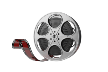 A 3D rendered silver film reel with black film and a red section unspooling, symbolizing cinema, entertainment, and classic movie production. background removed