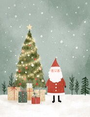 Cute hand-drawn illustration of Santa Claus standing next to a decorated Christmas tree with gifts in the snow