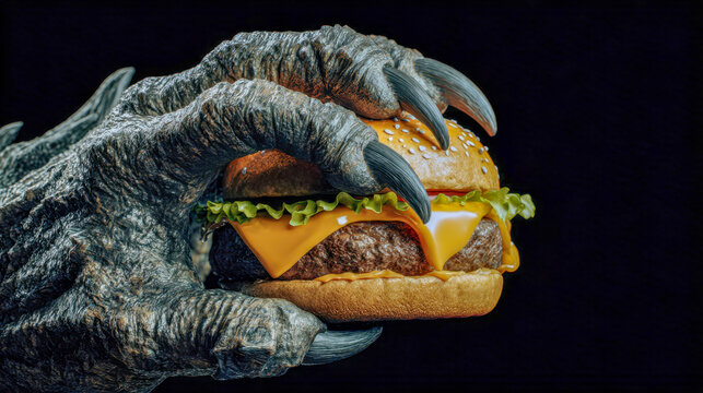 A monstrous claw gripping a cheeseburger with melted cheese and fresh lettuce against a dark background symbolizing hunger and fantasy elements