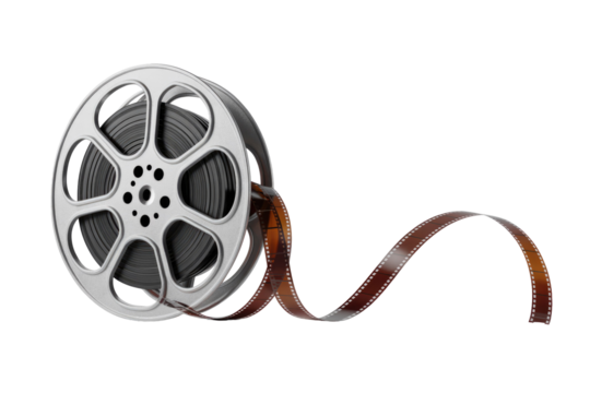 A 3D rendered silver film reel with black film strip unspooling, gracefully curving across a solid background, symbolizing classic cinema and filmmaking. background removed