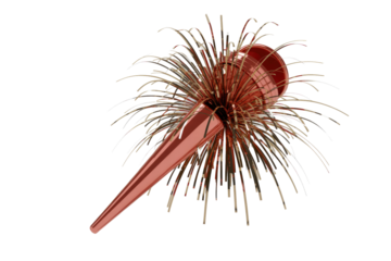 A shiny rose gold party blower or popper with metallic streamers bursting outward, perfect for celebrations and festive occasions. background removed