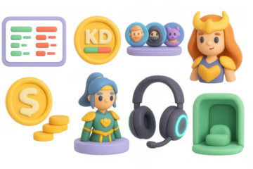 Cute game icon set with characters and gadgets for gaming design projects