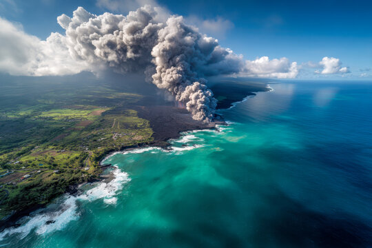 Aerial view of volcanic ash plume rising from lava flowing into the turquoise ocean along a lush green coastline under a partly cloudy sky