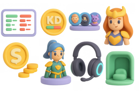 Cute game icon set with characters and gadgets for gaming design projects