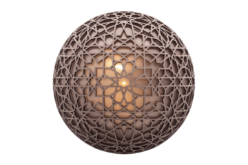 A spherical object with intricate Islamic geometric patterns and a warm internal glow, ideal for decor and cultural themes. background removed