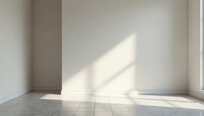 Fototapeta premium Bright empty room features clean white walls, light gray tiled floor. Sunbeams illuminate space, creating diagonal shadows on wall, floor. Modern minimalist interior for product promo display