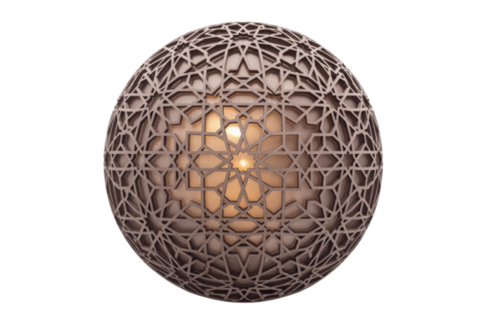 A spherical object with intricate Islamic geometric patterns and a warm internal glow, ideal for decor and cultural themes. background removed