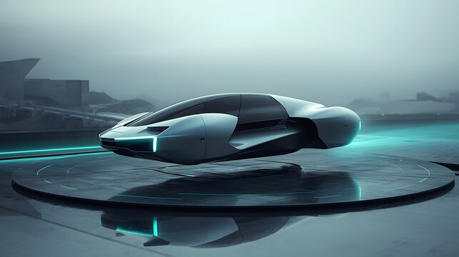 Futuristic hovering car on illuminated landing platform at dusk - Powered by Adobe