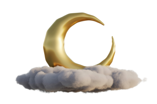 A beautiful 3D render of a golden crescent moon gently resting on a soft cloud, perfect for whimsical designs and dreams. background removed - Powered by Adobe