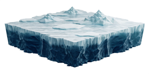Polygonal iceberg with icy water and mountains isolated on a transparent background