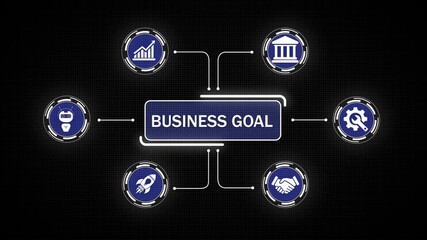 touches a digital screen displaying business development symbols, emphasizing goal setting and growth metrics. Ideal for corporate branding and motivational themes.