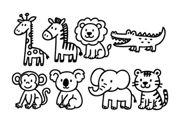 Obraz premium Cute hand-drawn doodle animals — cartoon zoo creatures and wildlife — stock vector.