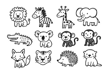 Obraz premium Cute hand-drawn doodle animals — cartoon zoo creatures and wildlife — stock vector.
