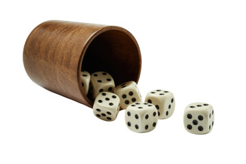 A wooden dice cup is shown tilted, spilling several white dice with black pips onto a plain transparent background, ready for a game. background removed