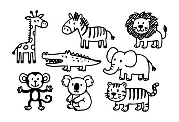Obraz premium Cute hand-drawn doodle animals — cartoon zoo creatures and wildlife — stock vector.