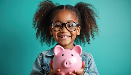 Young black girl with glasses holds pink piggybank. Child learns saving money, planning finances for future growth. Educational concept for kids wealth.